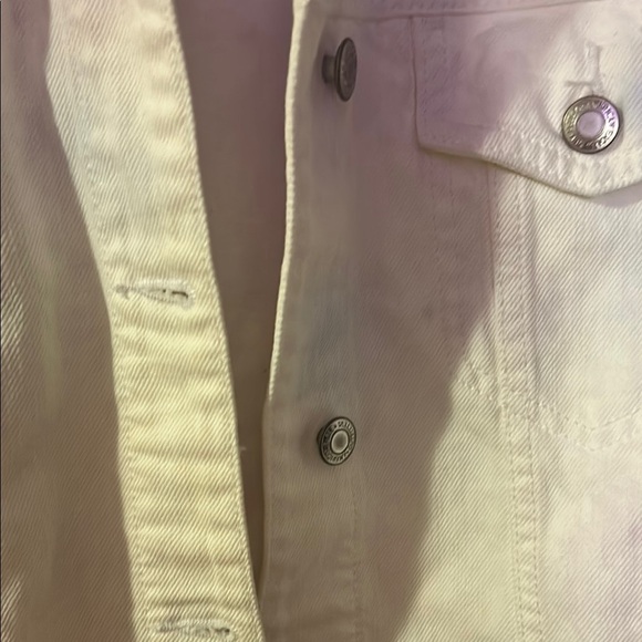 🩵3/$18🩵 American Eagle White Distressed Denim Jean Jacket Pastel Tie Dye Detail - Picture 8 of 11